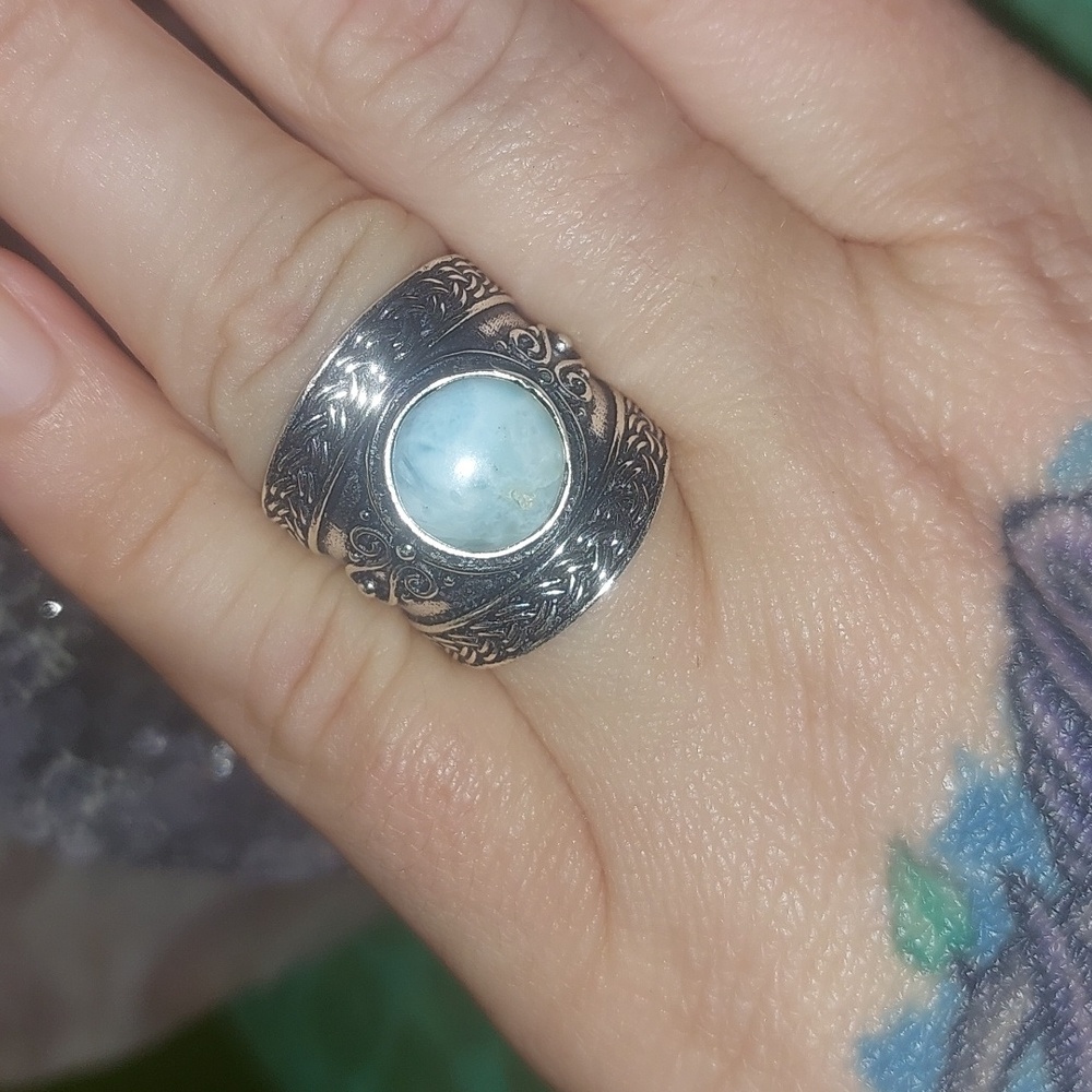 Wide Band Vintage Style Larimar Ring Size 7 - Picture 3 of 9